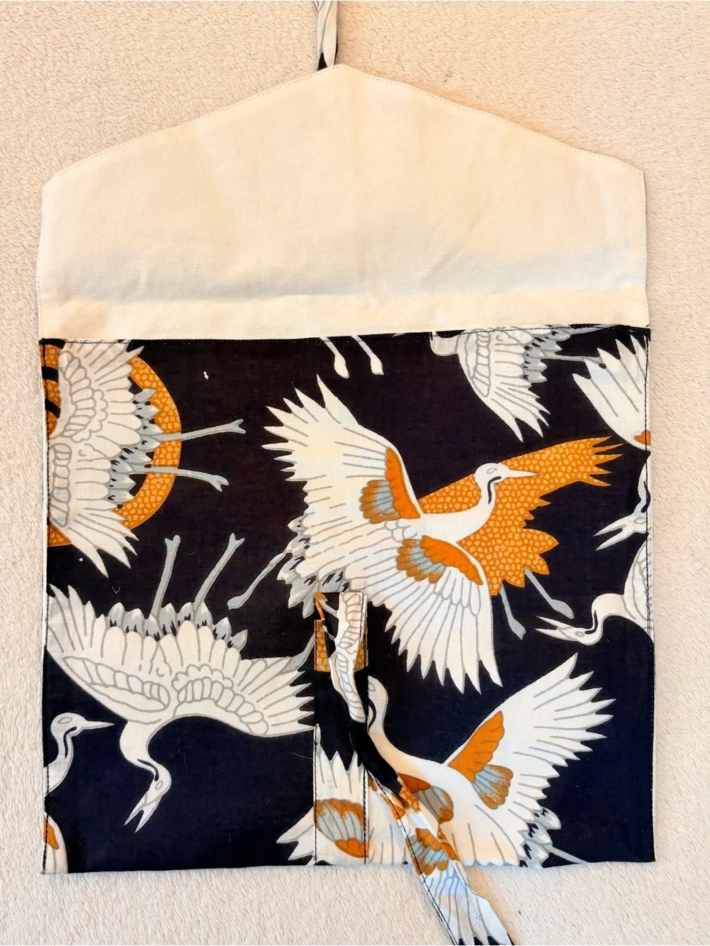 Crane Print Fabric Pouch - Black Gold Accent 100% Cotton